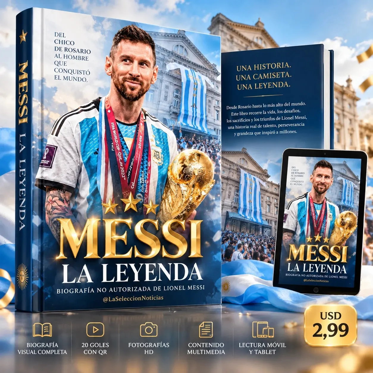 El ebook Messi · La Leyenda: el libro, la contratapa y la lectura en tablet, con Messi sonriendo con sus medallas y la Copa del Mundo